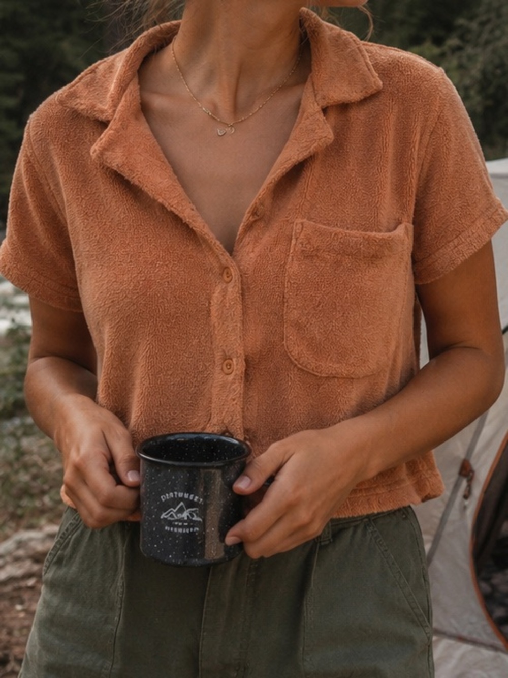 Cropped Terry Button-Up Camp Shirt Rust / Orange